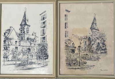 two drawings of a church and a church tower in a frame