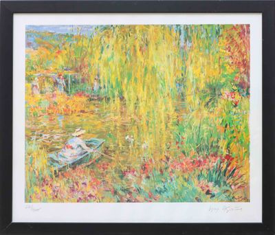 une peinture représentant un bateau sur l'eau, près de quelques arbres