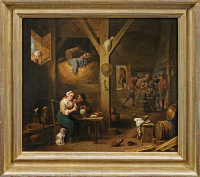 tableau représentant un homme et une femme dans une grange, en compagnie d'un chien