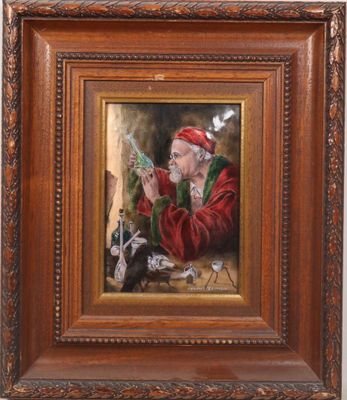 an oil painting of a man in a red coat holding a bottle