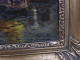 a painting of a man and a dog in a boat