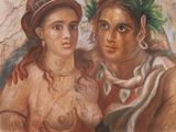 tableau représentant deux femmes portant des chapeaux et des foulards sur la tête