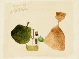 tableau représentant un chat et une poire posés sur une table, avec une bouteille de vin
