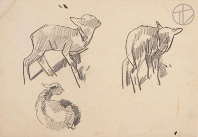 drawing of a sheep and a goat in a field with a peace sign in the background