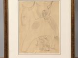 framed drawing of a man and a woman sitting on a bench