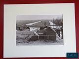a black and white photo of a farm with a plane