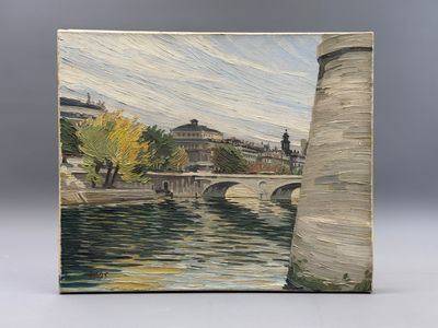 une peinture à l'huile représentant un pont sur une rivière avec un bâtiment à l'arrière-plan