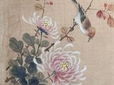 painting of a bird on a branch with flowers and leaves