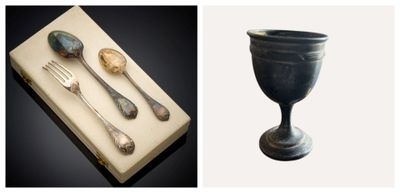 deux photos d'argenterie et un livre posés sur une table