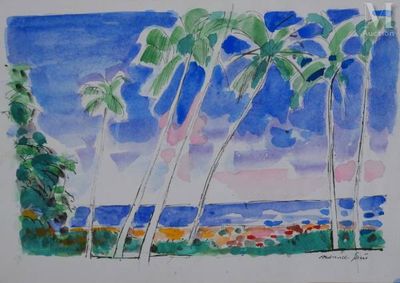 a painting of some palm trees on the beach