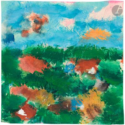 un tableau représentant un champ avec des fleurs et des arbres en arrière-plan
