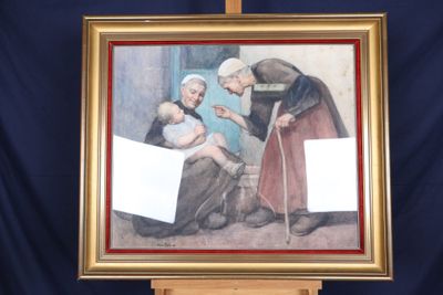 un vieux tableau représentant une femme tenant un bébé dans ses bras et un homme tenant une canne