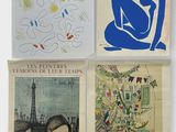 four books on a white background with a woman in a blue dress and a woman in a blue dress