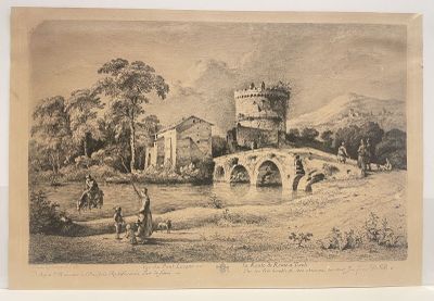 an old drawing of a castle with a bridge in the foreground