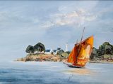 a painting of a sailboat on the water near a lighthouse