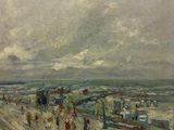un tableau représentant des personnes marchant sur une promenade au bord de l'eau