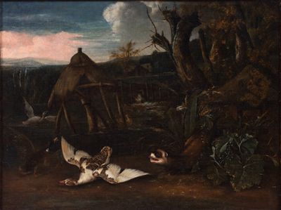 a painting of a painting of a man and two dogs