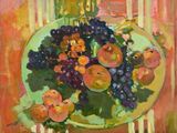 une peinture à l'huile représentant une assiette de fruits posée sur une table