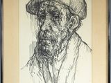 drawing of a man with a hat and a beard in a black frame