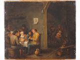 une vieille peinture représentant un groupe de personnes assises autour d'une table