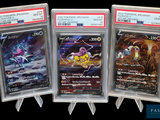 trois cartes à collectionner Pokémon dans des pochettes en plastique, sur fond noir