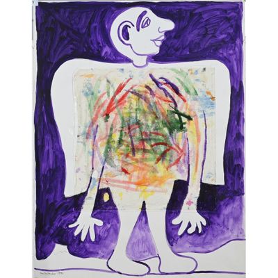 un tableau représentant une personne sur fond violet et un fond violet