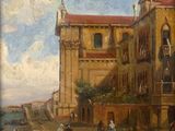 painting of a view of a city with people and animals in front of a building