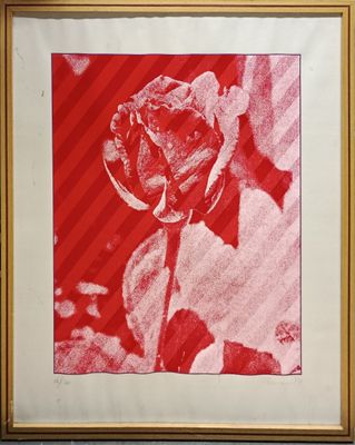 photo encadrée représentant une rose rouge sur un fond rayé rouge et blanc