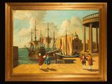 an oil painting of a group of people standing on a pier next to a boat