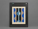 a black frame with a blue and white painting hanging on a wall