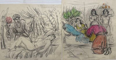 two drawings of a woman laying on a bed next to another drawing