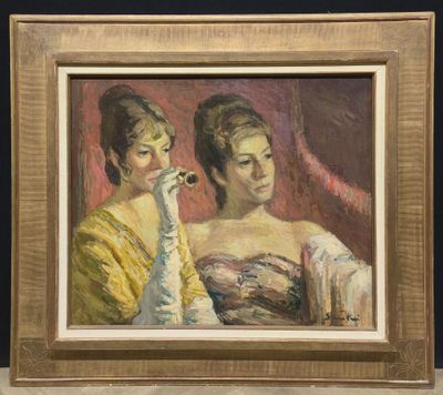 une image représentant un tableau où l'on voit deux femmes en train de fumer une cigarette