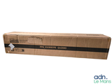 a cardboard box that has a black and white label on it