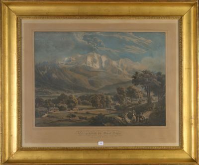 painting of a mountainous landscape with cattle in the foreground and mountains in the background