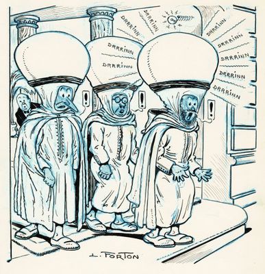 dessin représentant trois hommes, un pot sur la tête, debout devant un bâtiment