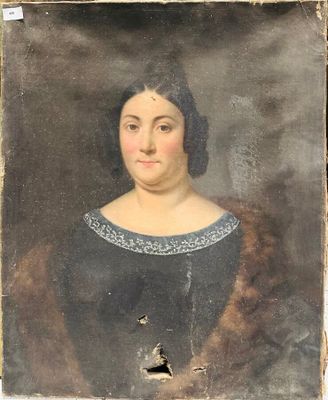 un vieux tableau représentant une femme en robe noire à col de fourrure