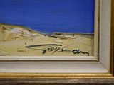 an oil painting of a beach scene with a boat in the water