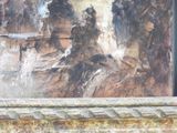 a painting of a man sitting on a bench in front of a building