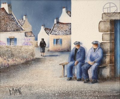 tableau représentant deux hommes assis sur un banc devant un immeuble