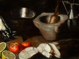 a painting of fish, lemons and tomatoes on a table