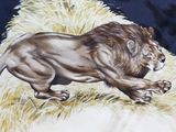 a painting of a lion and a dog on a blanket