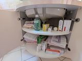 a bathroom with a toilet and a sink with a lot of cleaning supplies