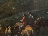 a painting of a man riding a horse with a group of people around him