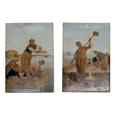deux tableaux représentant des personnes sur une plage avec un bateau dans l'eau