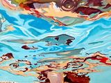 painting of a woman swimming in a pool with a camera in her hand