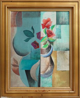 a painting of a vase with a flower in it