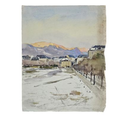 aquarelle représentant une vue d'une ville à la montagne