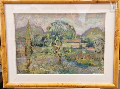 painting of a landscape with trees and a river in the foreground