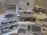 several black and white photographs of a hot air balloon in the sky