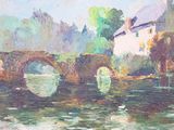 a painting of a bridge over a river with a building in the background